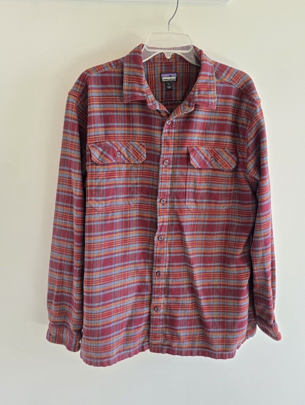 Patagonia Fjord Flannel Shirt Mens Large Burgundy Blue Gold Organic Cotton L